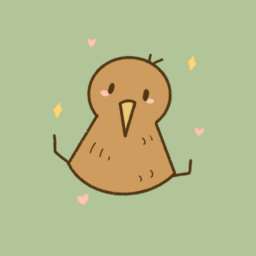 Cartoon kiwi bird character on a light green background with small hearts and yellow diamonds.